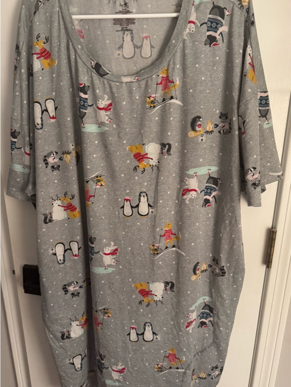 Cozy Grey Holiday PenguinPrint Nightgown